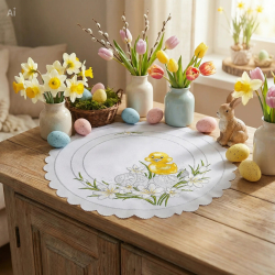 OKRĄGŁA serwetka WIELKANOCNA pisanki, stokrotki kurczaczek  35 CM